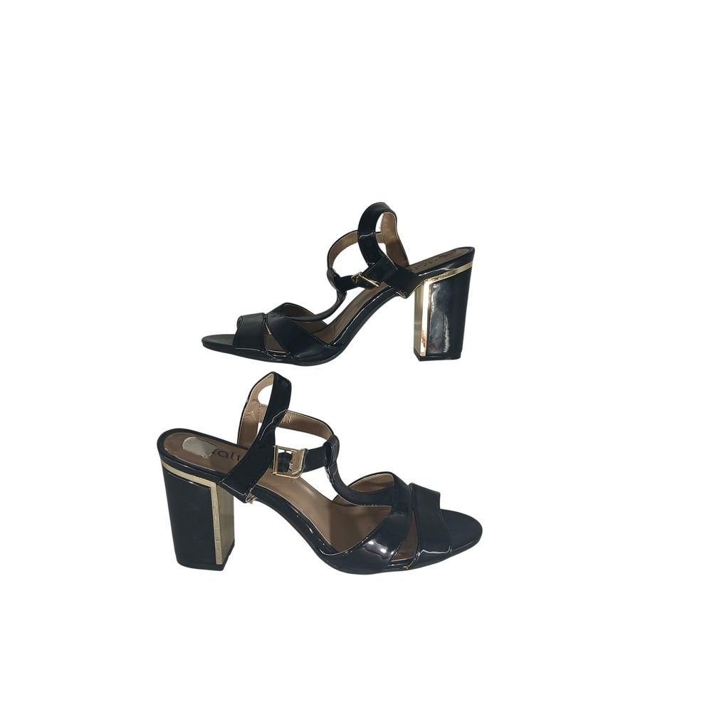 Rialto Melinda Sandals 9M Black Patent Gold Trim Block Heel Strappy Dressy Glam